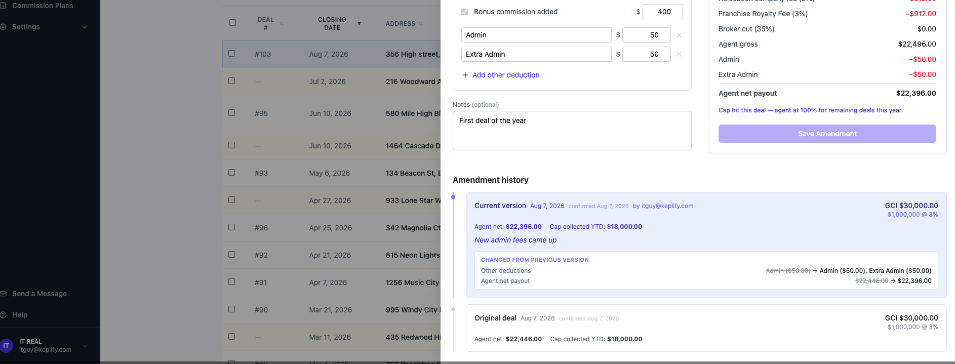 A confirmed real estate deal in SplitRE showing its amendment history, with each version kept as an audit trail of what changed